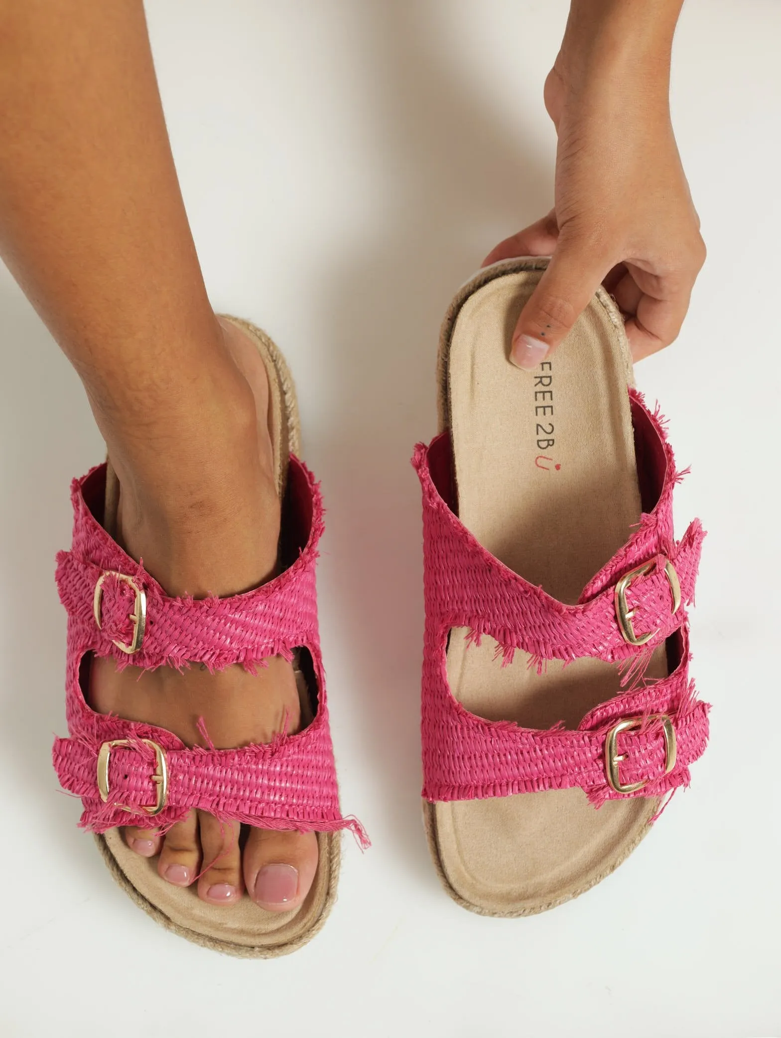 Raffia Double Buckle Strap On Espadrille Platform Sandal - Pink