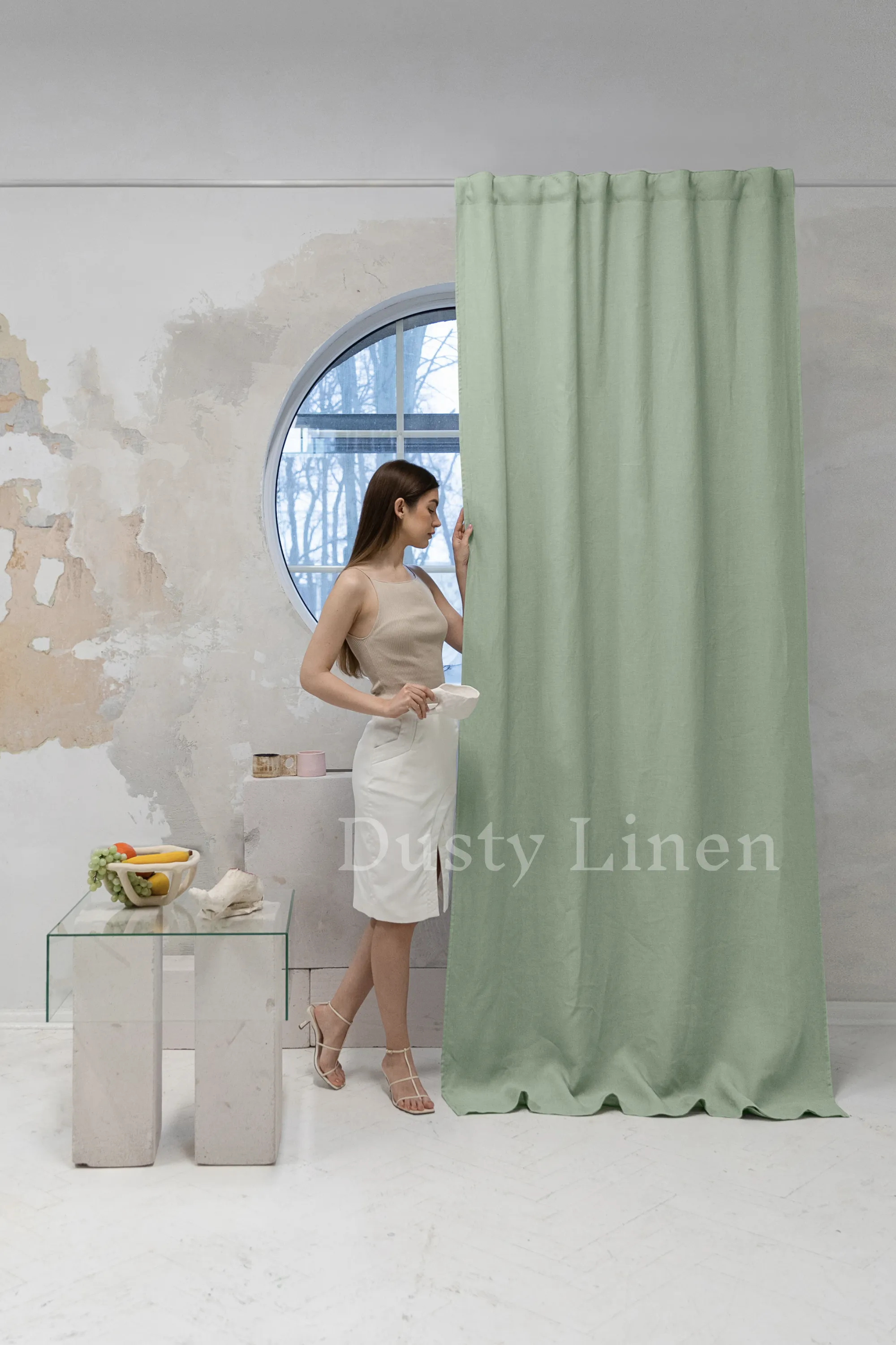 Set of 2 blackout linen curtains in Sage Green