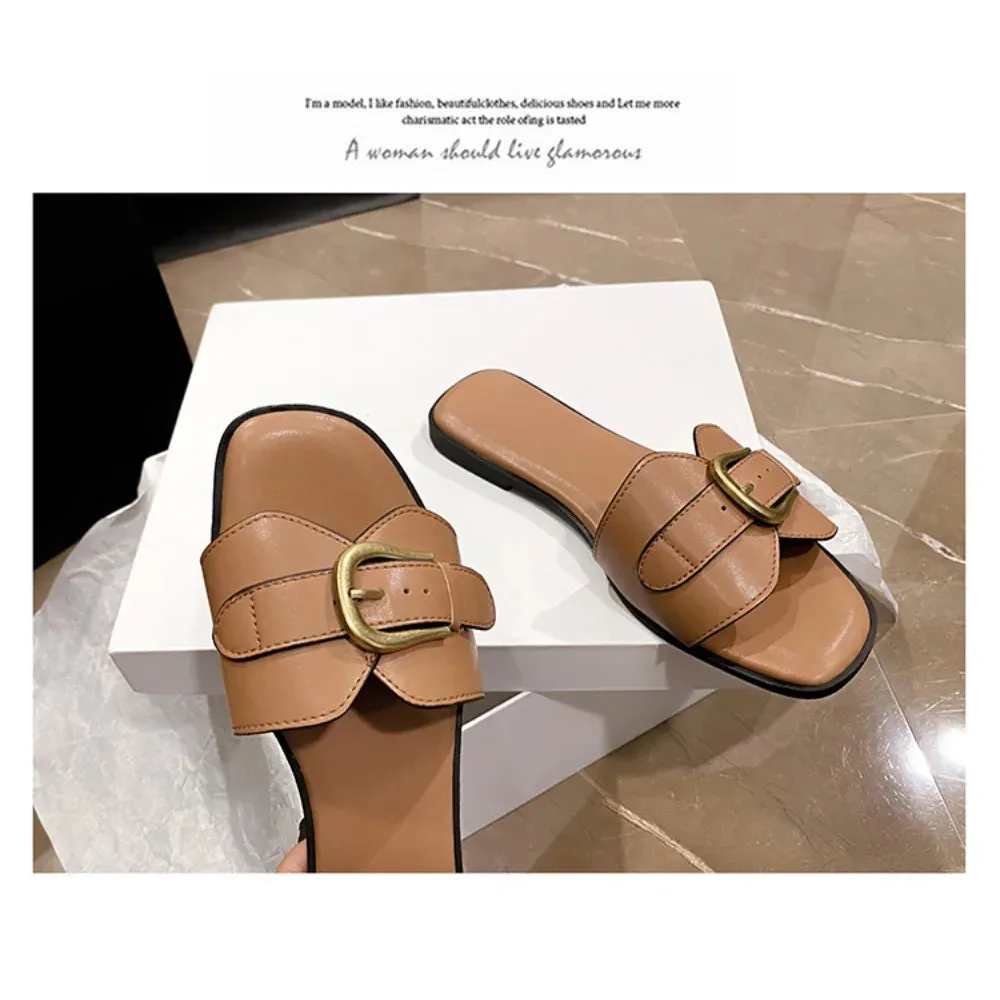 Summer Women Slippers Leather Square Toe Women Flats Flip Flops Designer Ladies Slides Sandals Women Shoes Luxury Sandals