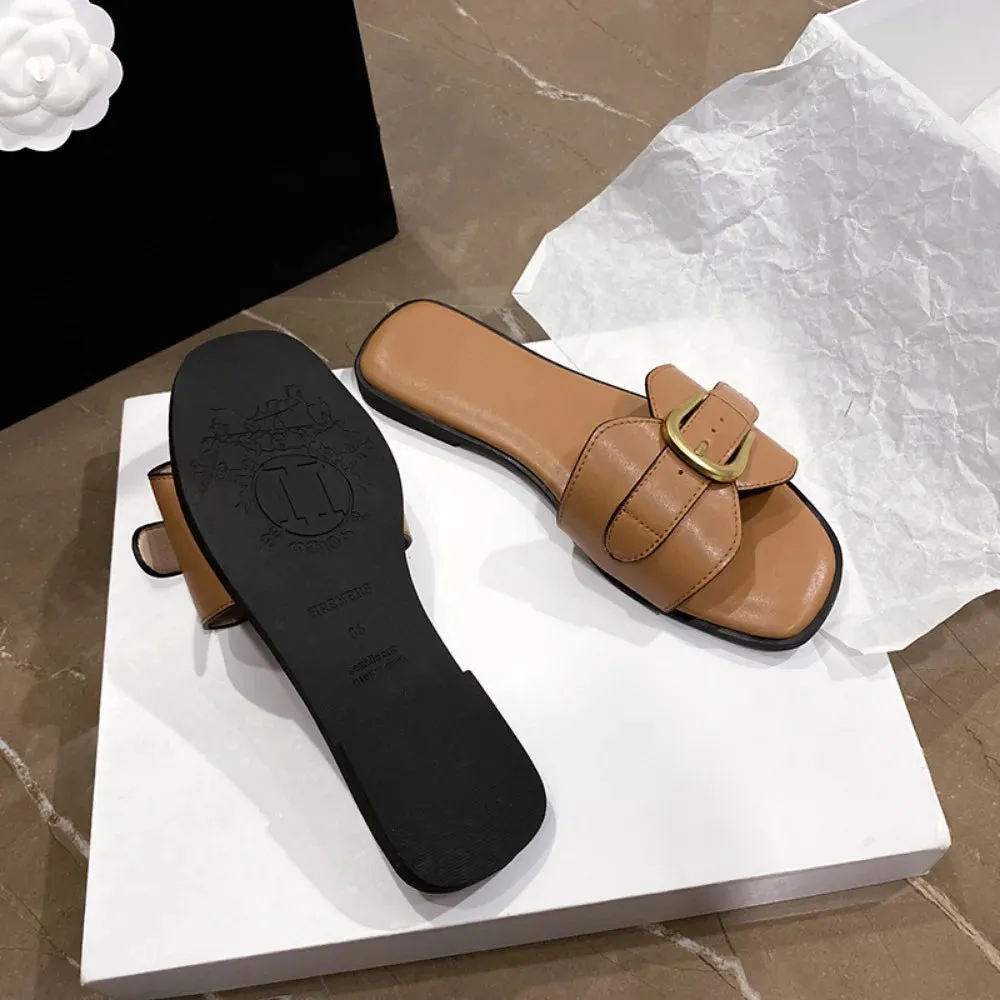 Summer Women Slippers Leather Square Toe Women Flats Flip Flops Designer Ladies Slides Sandals Women Shoes Luxury Sandals