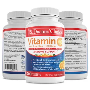 U.S. Doctors€™ Clinical 1000mg Vitamin C Tablets for Daily Immune Support, Free Radical Defense and Collagen Production, with Rosehips (Packaging May Vary) [200 Count]