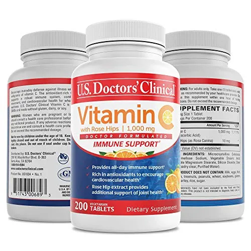 U.S. Doctors€™ Clinical 1000mg Vitamin C Tablets for Daily Immune Support, Free Radical Defense and Collagen Production, with Rosehips (Packaging May Vary) [200 Count]