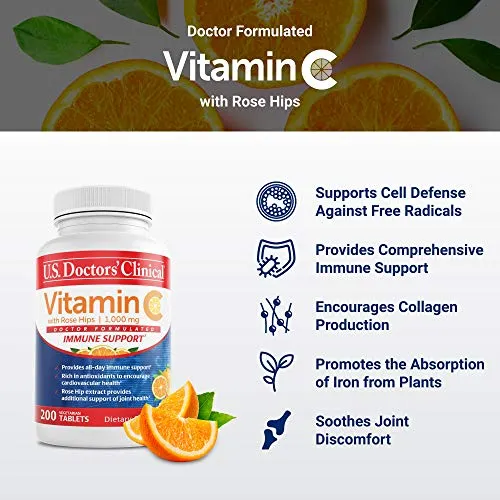 U.S. Doctors€™ Clinical 1000mg Vitamin C Tablets for Daily Immune Support, Free Radical Defense and Collagen Production, with Rosehips (Packaging May Vary) [200 Count]