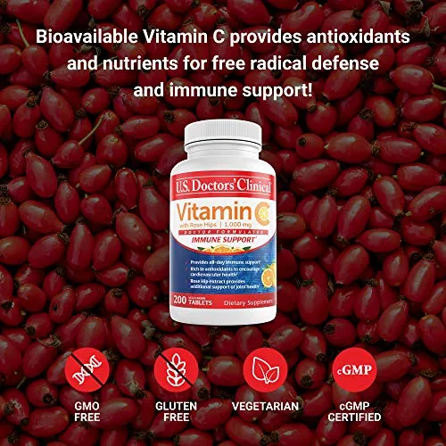 U.S. Doctors€™ Clinical 1000mg Vitamin C Tablets for Daily Immune Support, Free Radical Defense and Collagen Production, with Rosehips (Packaging May Vary) [200 Count]