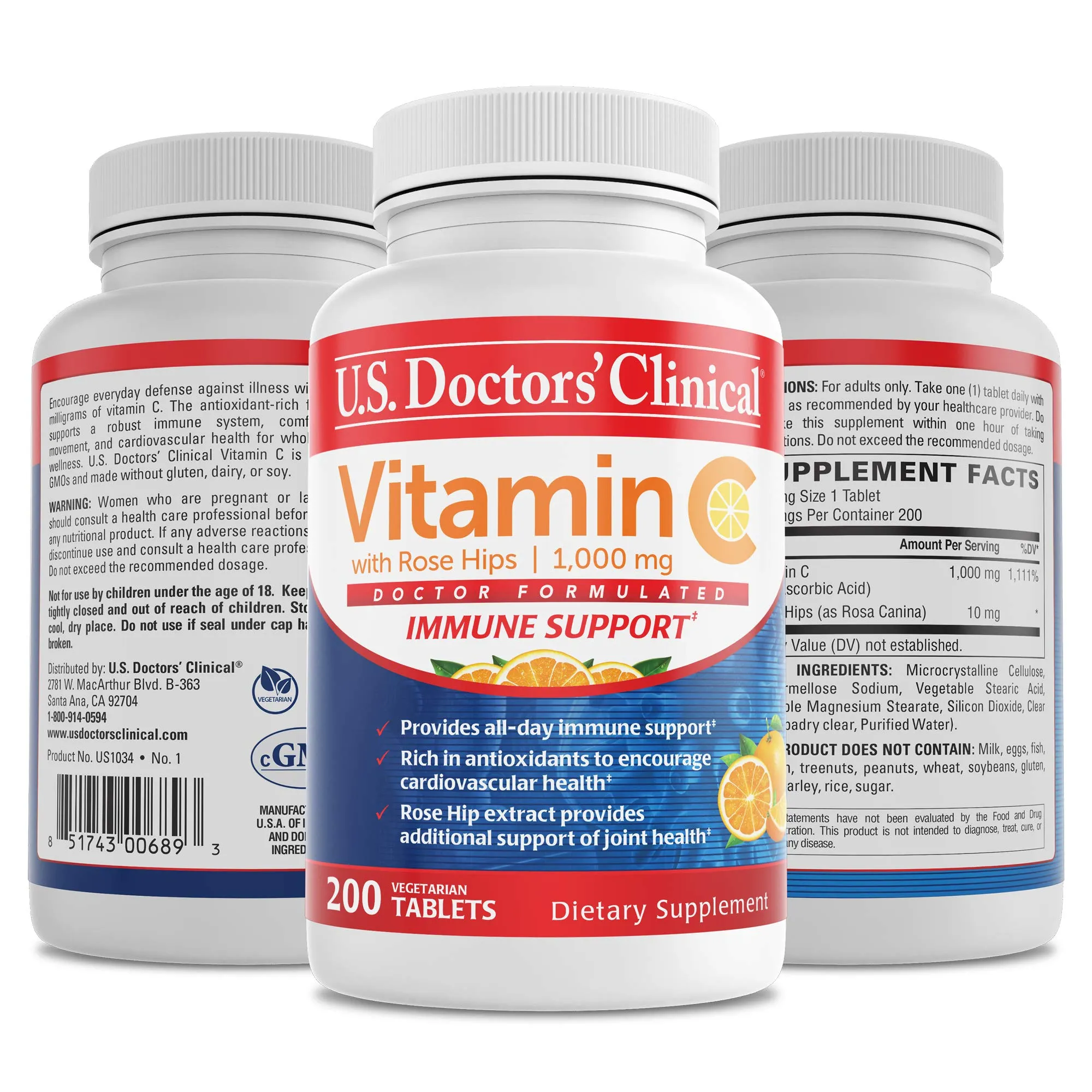 U.S. Doctors€™ Clinical 1000mg Vitamin C Tablets for Daily Immune Support, Free Radical Defense and Collagen Production, with Rosehips (Packaging May Vary) [200 Count]