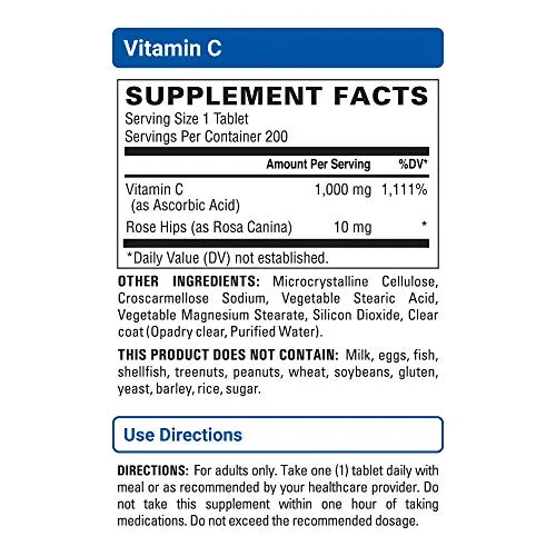 U.S. Doctors€™ Clinical 1000mg Vitamin C Tablets for Daily Immune Support, Free Radical Defense and Collagen Production, with Rosehips (Packaging May Vary) [200 Count]