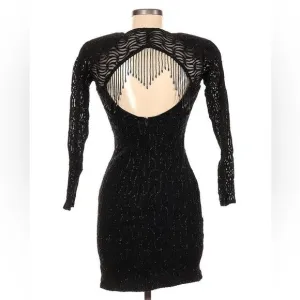 Vintage 80s Beaded Long Sleeve Open Back Bodycon Mini Dress Black ZumZum