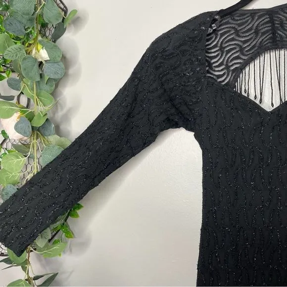 Vintage 80s Beaded Long Sleeve Open Back Bodycon Mini Dress Black ZumZum
