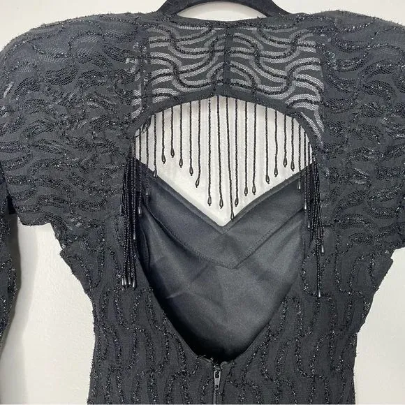 Vintage 80s Beaded Long Sleeve Open Back Bodycon Mini Dress Black ZumZum