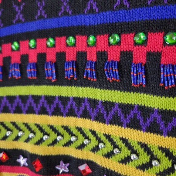 Vintage CEDARS ramie cotton tribal beaded jeweled striped gaudy popover sweater