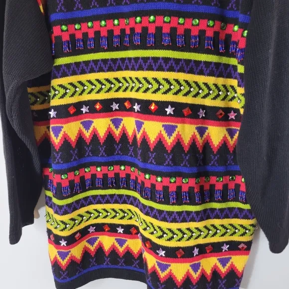Vintage CEDARS ramie cotton tribal beaded jeweled striped gaudy popover sweater