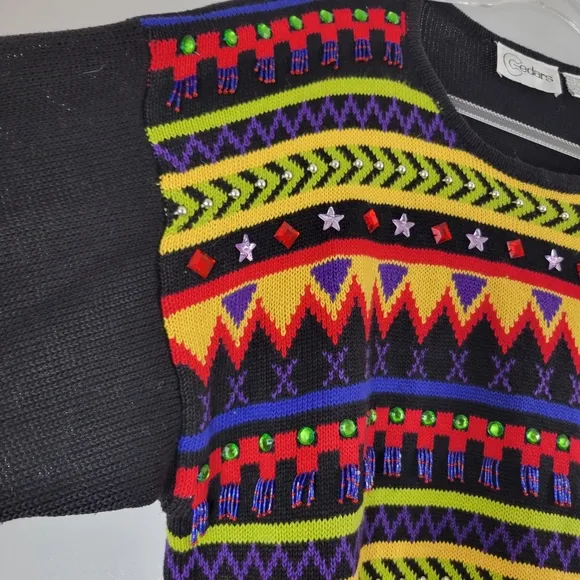 Vintage CEDARS ramie cotton tribal beaded jeweled striped gaudy popover sweater