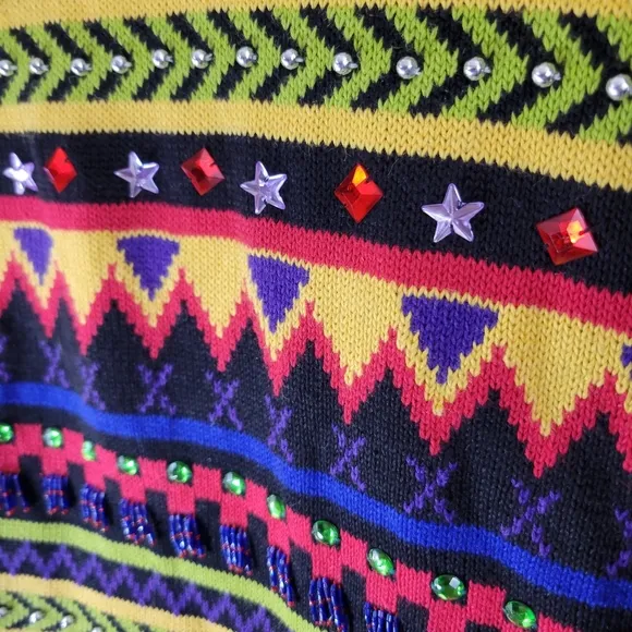 Vintage CEDARS ramie cotton tribal beaded jeweled striped gaudy popover sweater