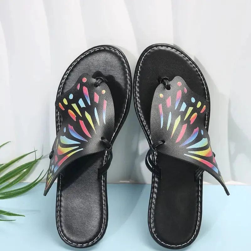 Women Butterfly Graffiti Slippers  Fashion Lightweight Anti Slip Flat Bottom Flip Flops Outdoor Beach Casual Shoes