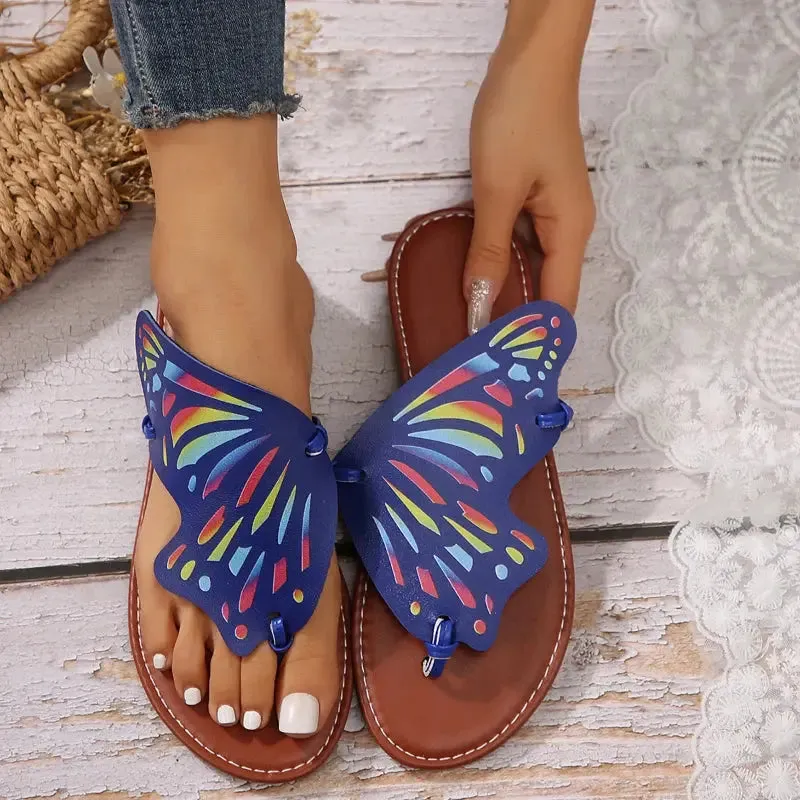 Women Butterfly Graffiti Slippers  Fashion Lightweight Anti Slip Flat Bottom Flip Flops Outdoor Beach Casual Shoes