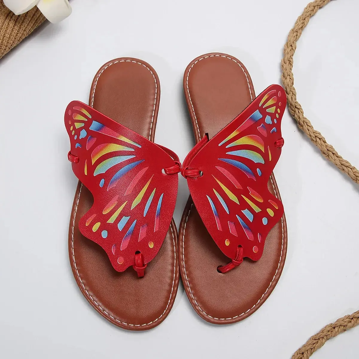 Women Butterfly Graffiti Slippers  Fashion Lightweight Anti Slip Flat Bottom Flip Flops Outdoor Beach Casual Shoes