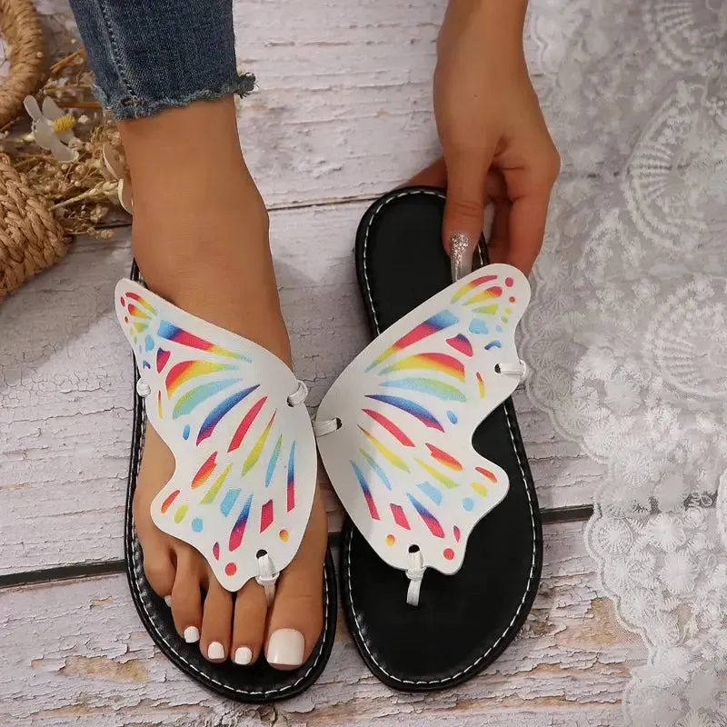 Women Butterfly Graffiti Slippers  Fashion Lightweight Anti Slip Flat Bottom Flip Flops Outdoor Beach Casual Shoes